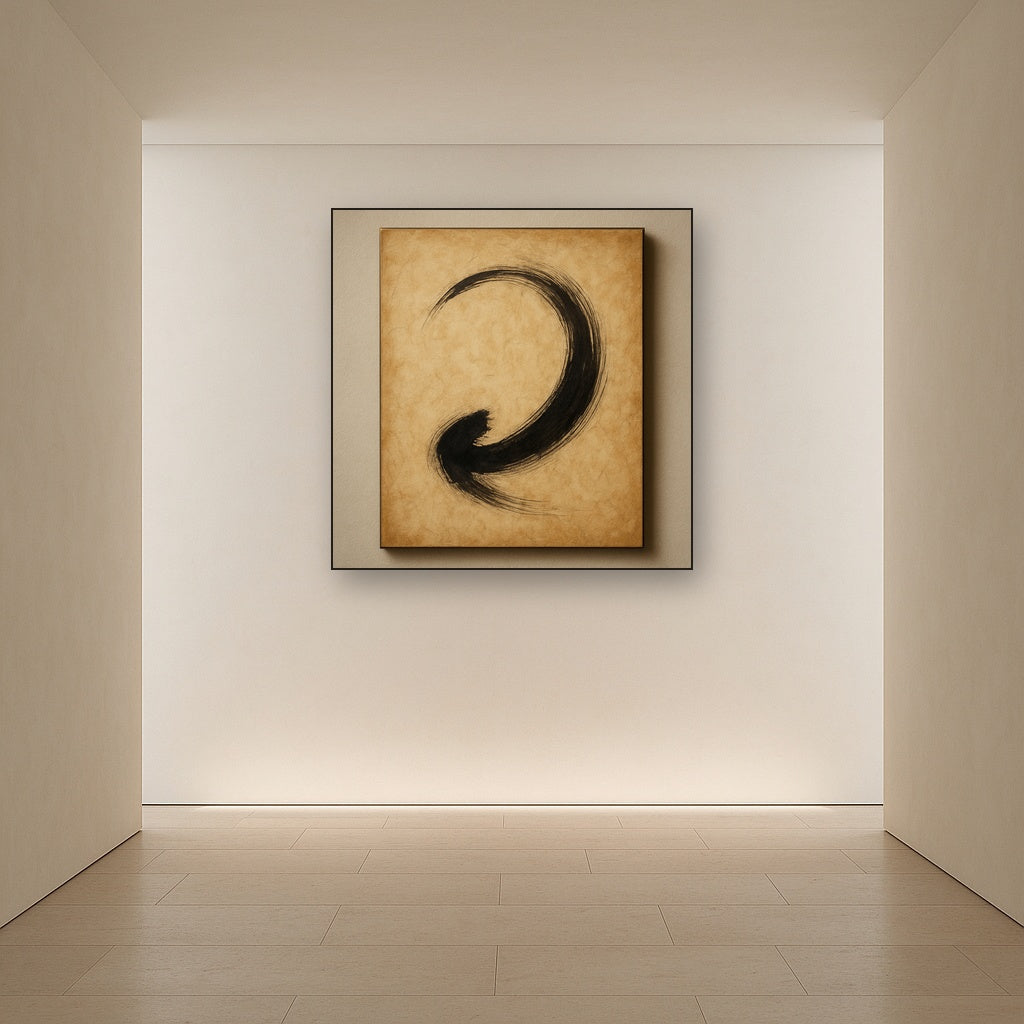 Aged Rice Paper & Charcoal Calligraphic Balance No. 7 Oil Painting Staged in Bright Entryway and Hallway Gallery Wall, Hand Painted Fine Art on Linen