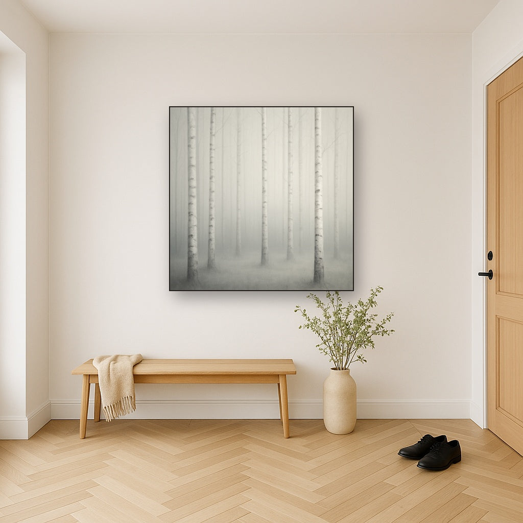 Pale Birch Woodland Silhouette in Whiteout No. 2 Oil Painting Staged in Bright Entryway and Hallway Gallery Wall, Hand Painted Fine Art on Linen