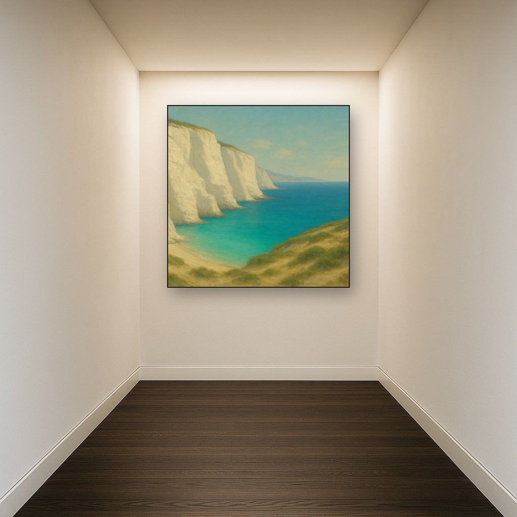 Mediterranean White Cliffs & Turquoise Cove No. 12 Oil Painting Staged in Bright Entryway and Hallway Gallery Wall, Hand Painted Fine Art on Linen