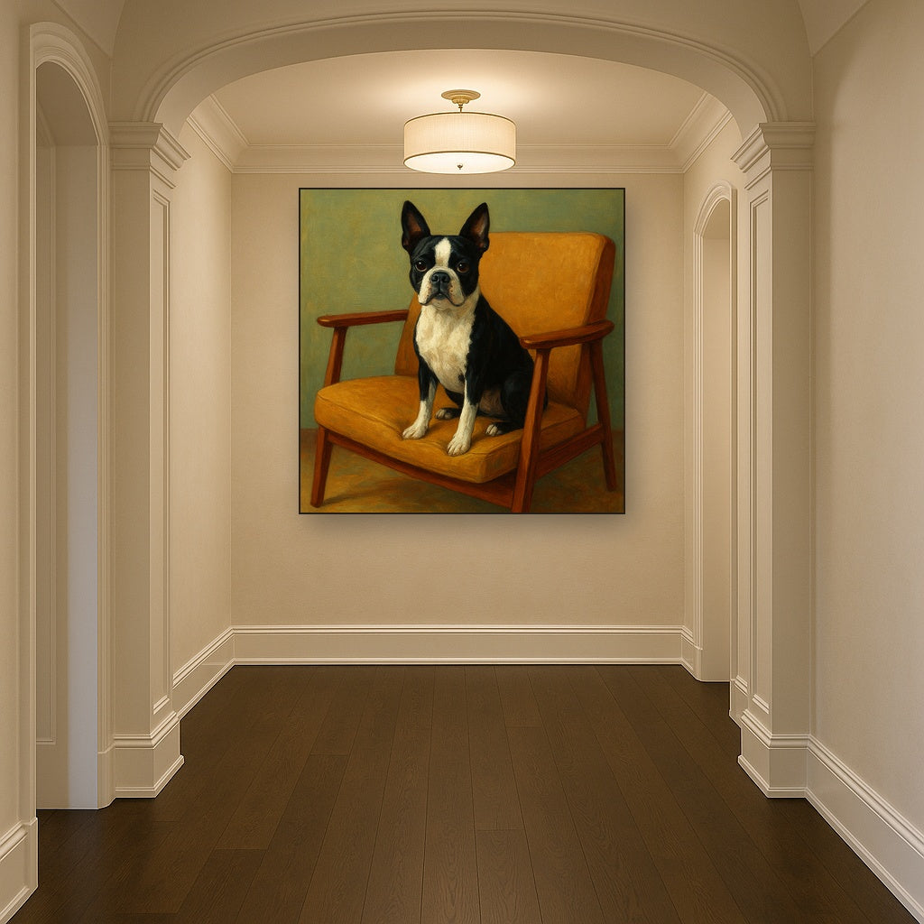Boston Terrier in Warm Mid-Century Armchair No. 10 Fine Art Oil Painting - View 5