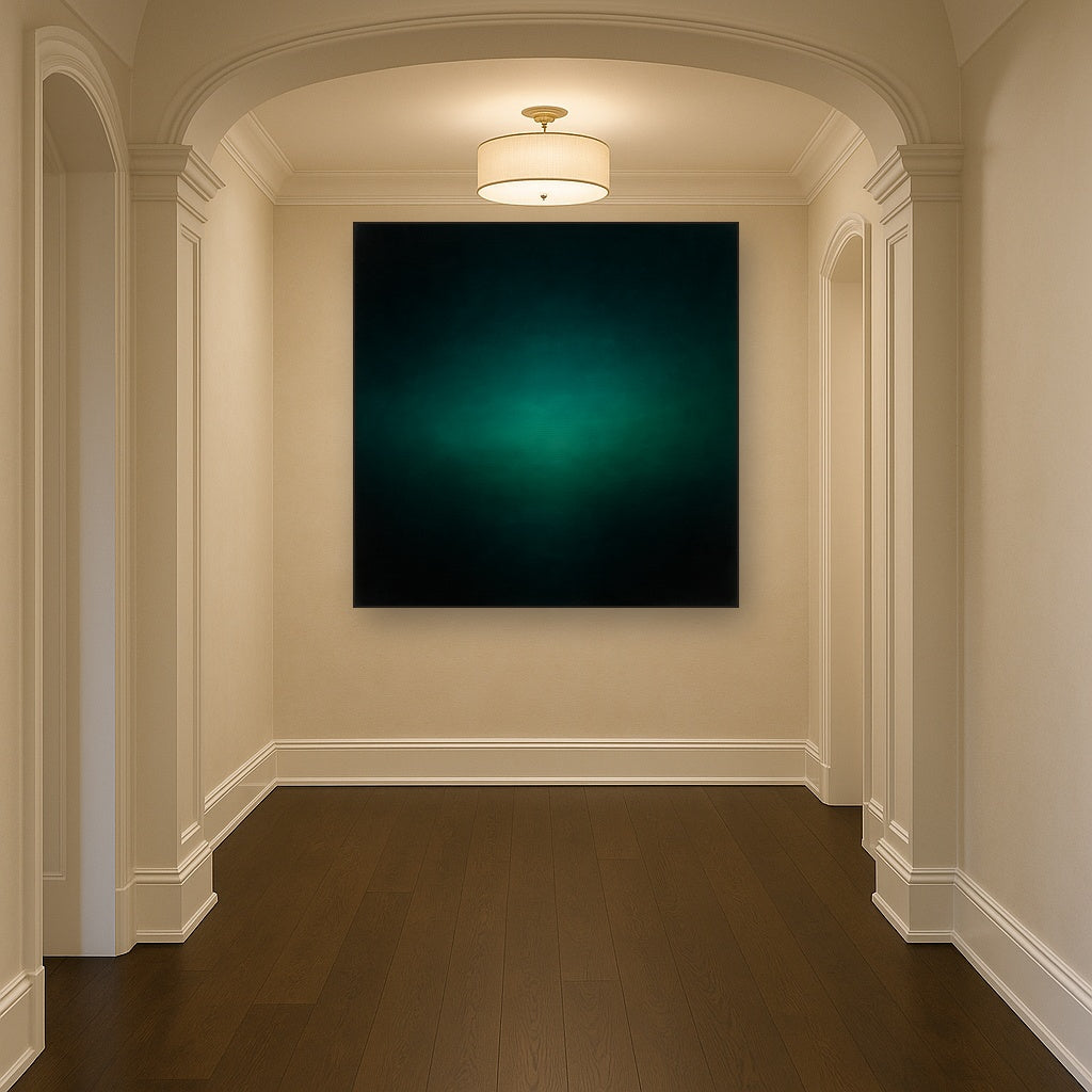 Midnight Teal & Deep Malachite Gradient No. 13 Oil Painting Staged in Bright Entryway and Hallway Gallery Wall, Hand Painted Fine Art on Linen