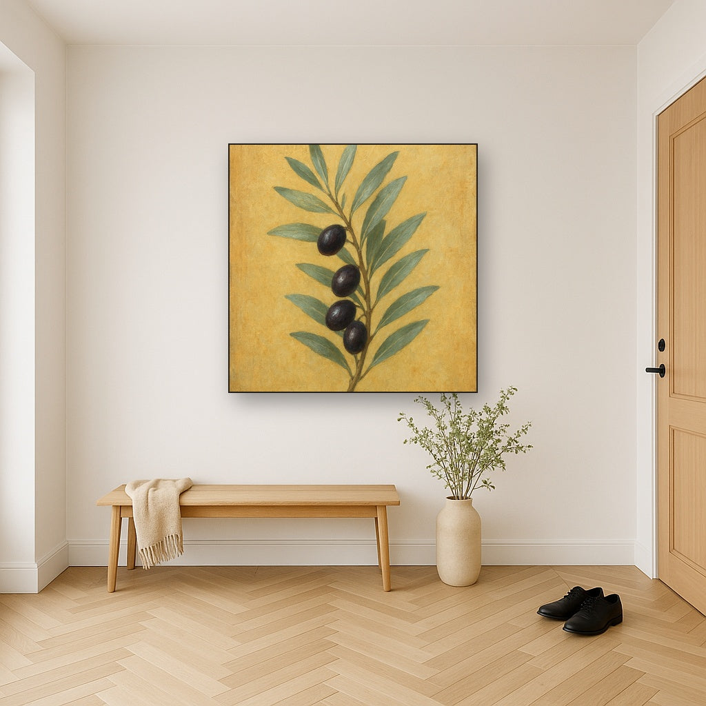 Mediterranean Olive Branch Botanical Oil Painting - Styled in Entryway Hallway