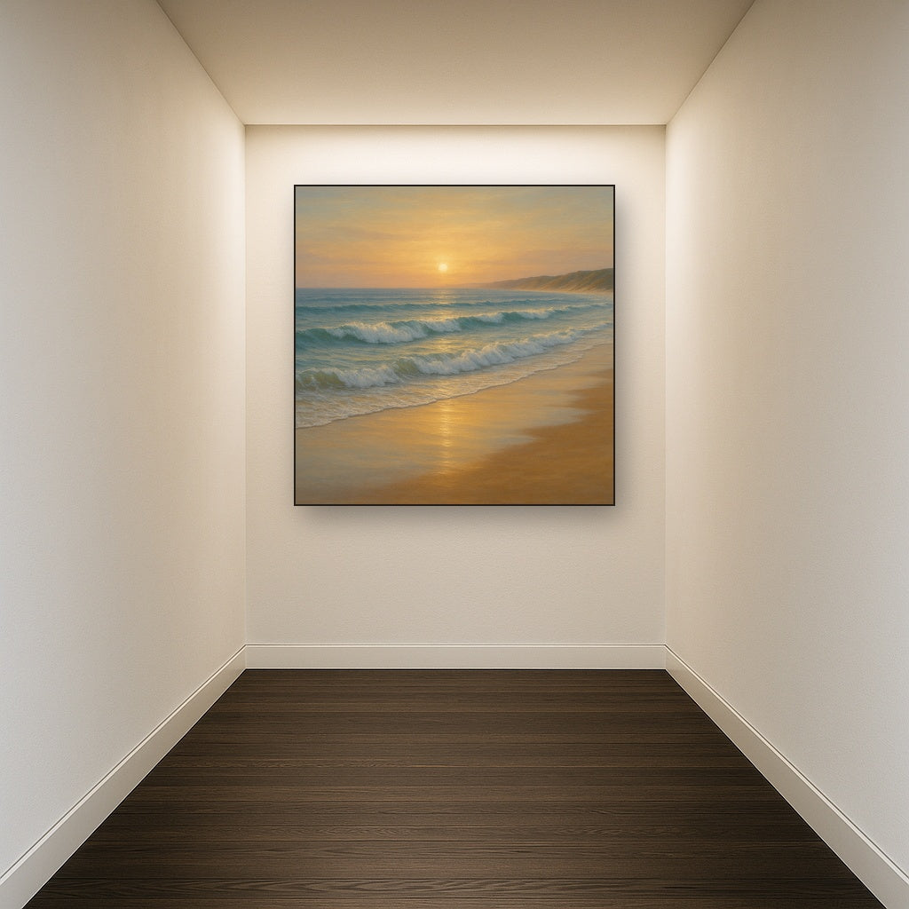 Gentle Breaking Waves & Wet Beach Reflection No. 13 Oil Painting Staged in Bright Entryway and Hallway Gallery Wall, Hand Painted Fine Art on Linen