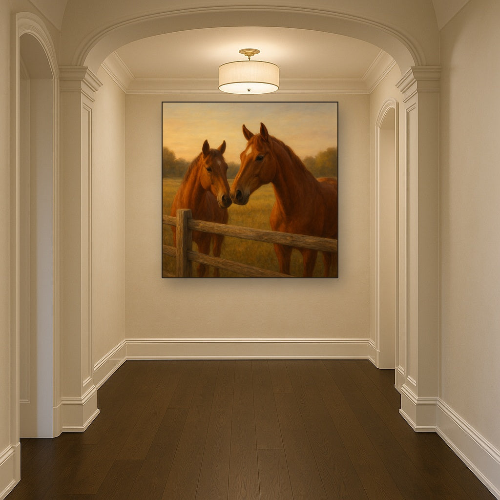 Two Horses at Rustic Post & Rail Fence No. 14 Oil Painting - View 5