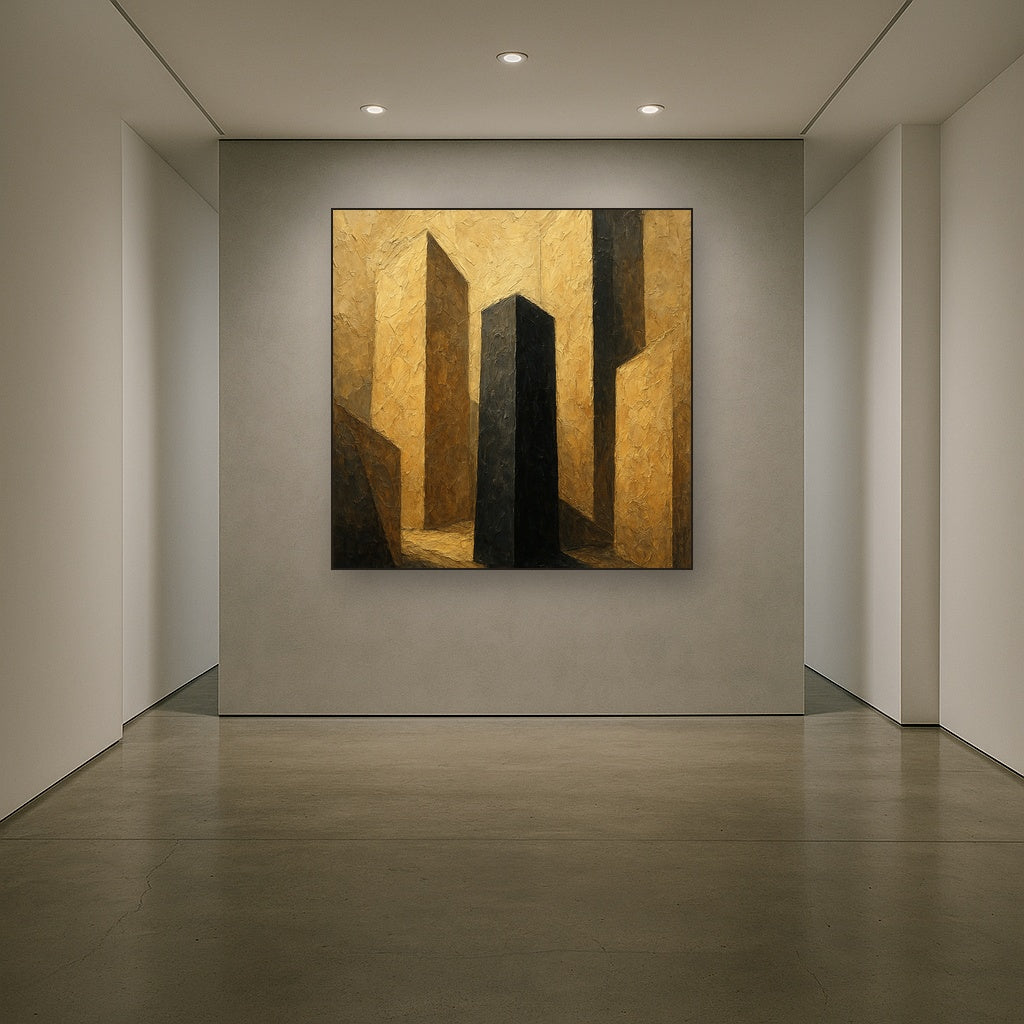 Monolithic Shadow Modern Abstract Oil Painting - Styled in Entryway Hallway