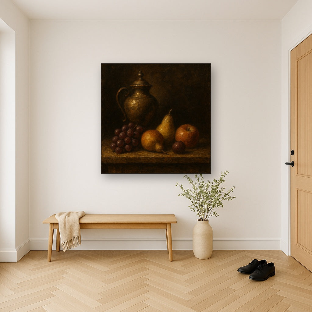 Classical Chiaroscuro Fruit & Urn Still Life No. 2 Oil Painting - Styled in Entryway Hallway