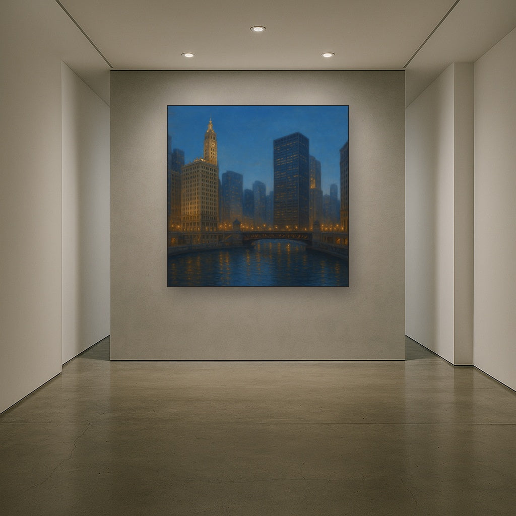 Chicago Riverfront Architecture at Blue Hour No. 30 Oil Painting - View 5