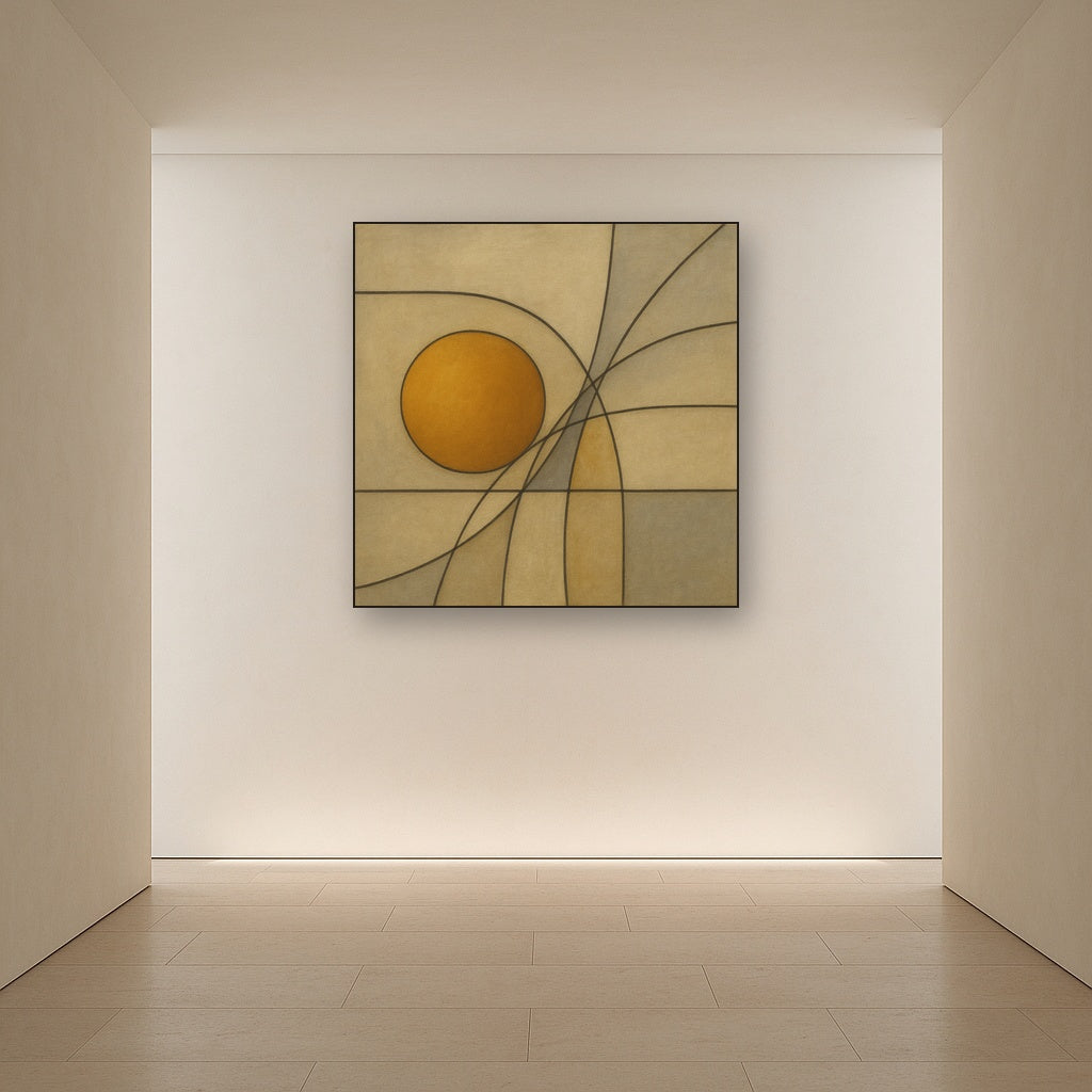 Abstract Tangent Lines & Earthy Ochre Disc No. 19 Oil Painting - View 5