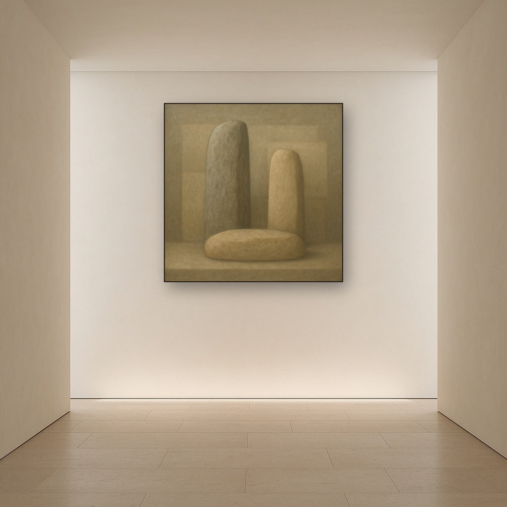 Driftwood Grey & Weathered Stone Monolith No. 22 Oil Painting Staged in Bright Entryway and Hallway Gallery Wall, Hand Painted Fine Art on Linen