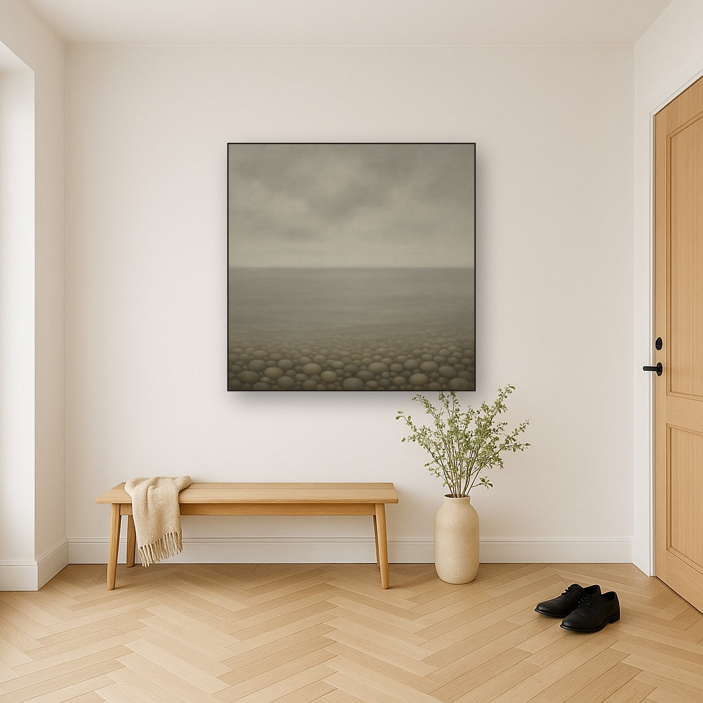 Overcast Coastal Fog & Wet Pebble Shingle Oil Painting - View 5