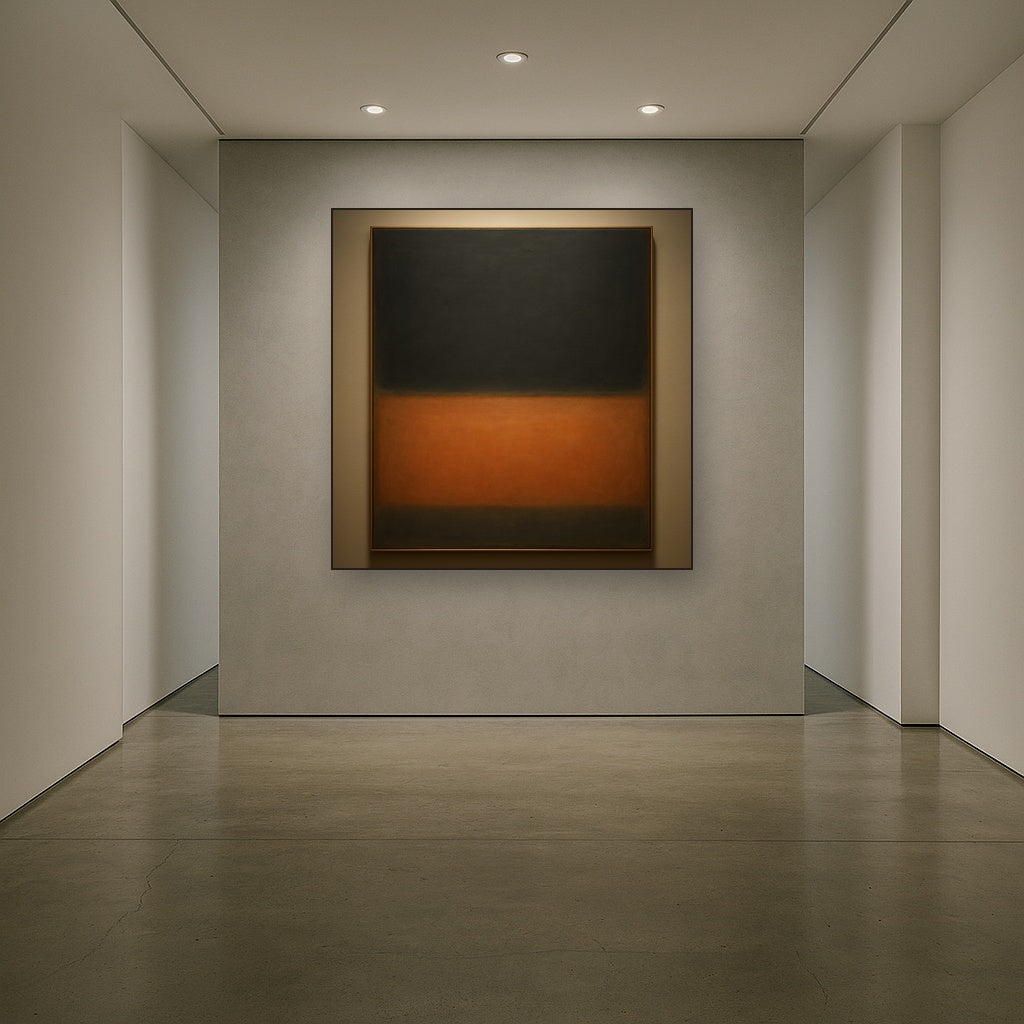 Charcoal Slate & Burnished Copper Horizon No. 25 Oil Painting Staged in Bright Entryway and Hallway Gallery Wall, Hand Painted Fine Art on Linen