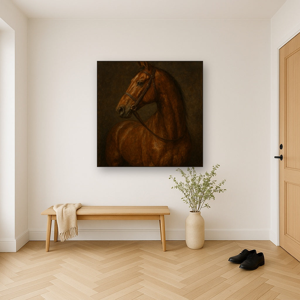 Vintage Equestrian Thoroughbred Portrait No. 5 Oil Painting - Styled in Entryway Hallway