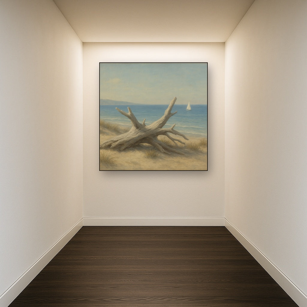 Sun-Bleached Driftwood & Distant Sailboat No. 6 Oil Painting - View 5