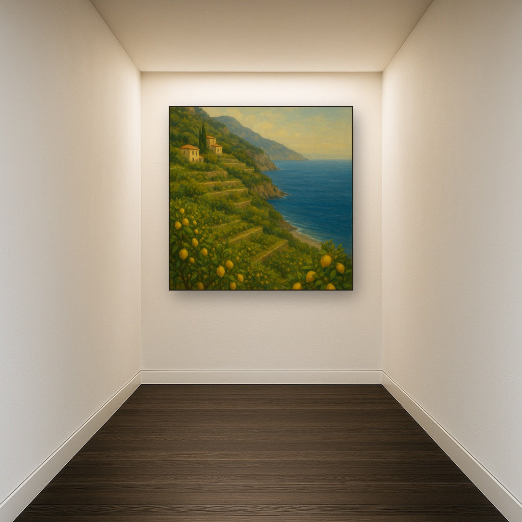 Italian Amalfi Coastline Terraces & Lemon Grove No. 15 Oil Painting Staged in Bright Entryway and Hallway Gallery Wall, Hand Painted Fine Art on Linen