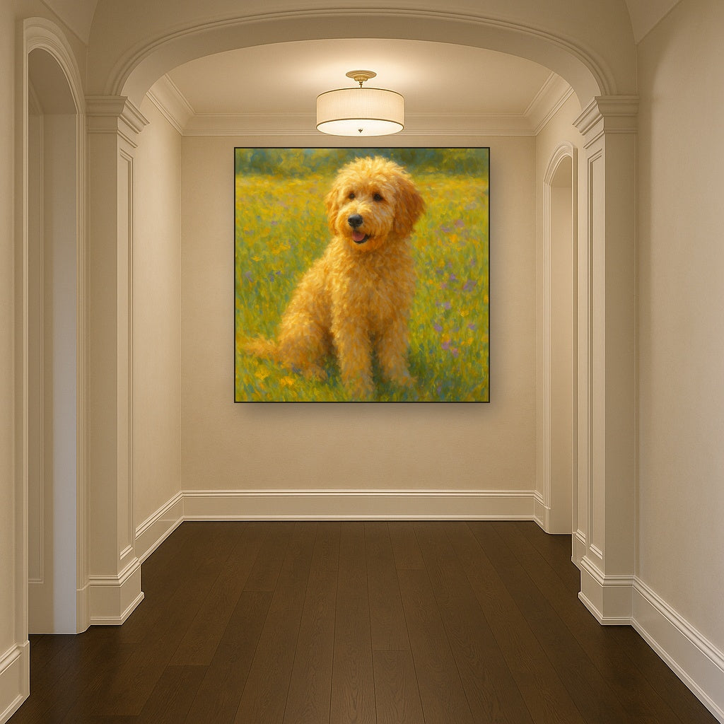 Fluffy Goldendoodle in Sun-Drenched Meadow No. 4 Fine Art Oil Painting - View 5