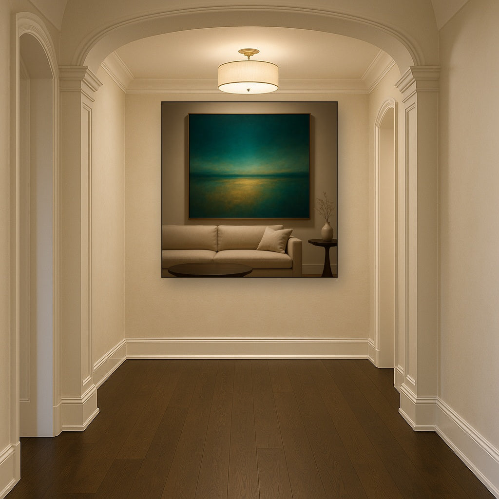 Peacock Teal & Champagne Gold Horizon No. 2 Oil Painting Staged in Bright Entryway and Hallway Gallery Wall, Hand Painted Fine Art on Linen
