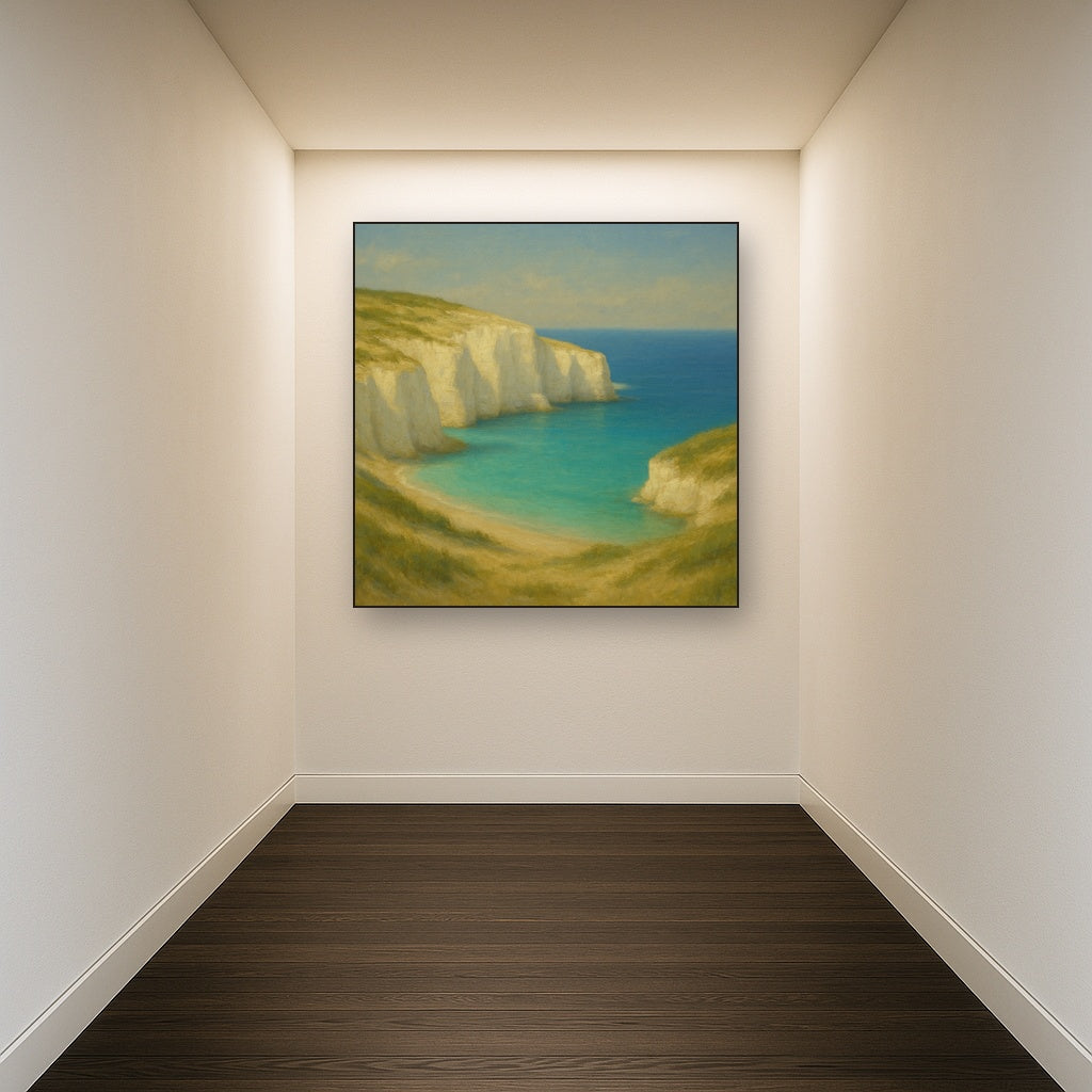Mediterranean White Cliffs & Turquoise Cove No. 18 Oil Painting Staged in Bright Entryway and Hallway Gallery Wall, Hand Painted Fine Art on Linen