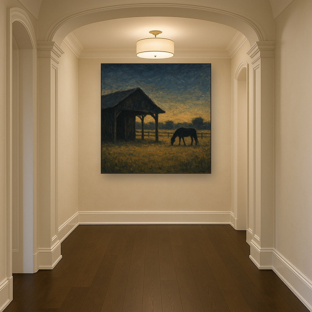 Rustic Equestrian Stable Silhouette Oil Painting - Styled in Entryway Hallway