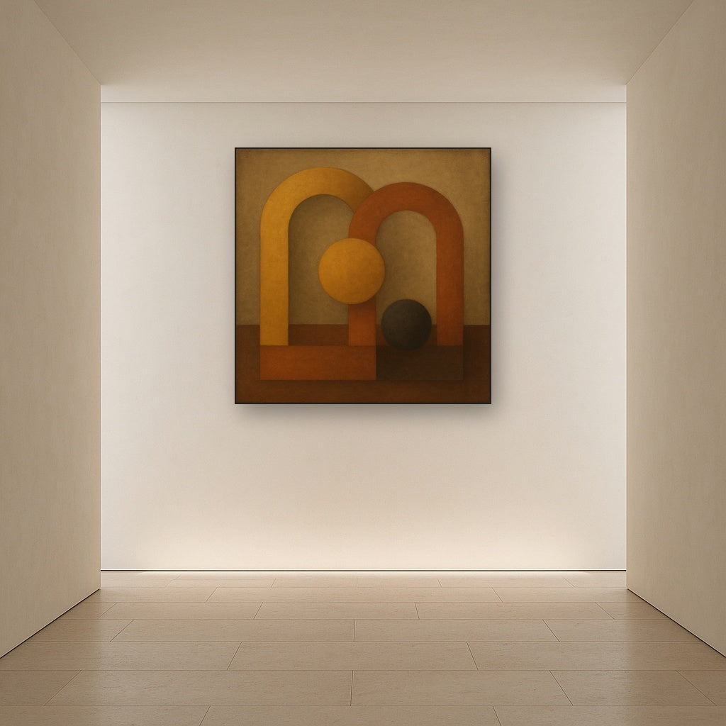 Arch & Circle Equilibrium in Warm Earth Tones No. 22 Oil Painting Staged in Bright Entryway and Hallway Gallery Wall, Hand Painted Fine Art on Linen