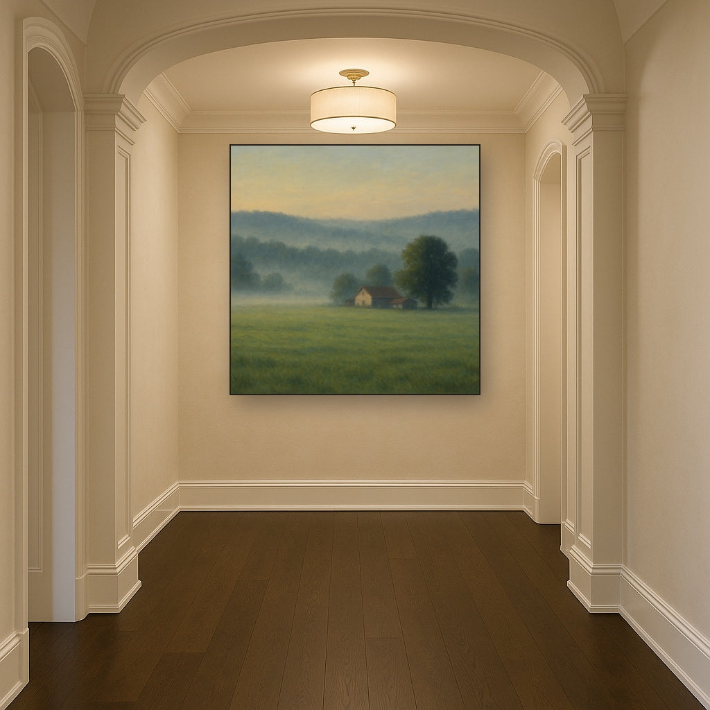 Misty Morning Pasture with Distant Wooded Ridge Fine Art Oil Painting - View 5