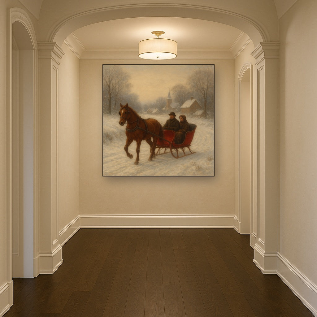 Horse-Drawn Sleigh on Village Snow Road No. 5 Oil Painting - View 5