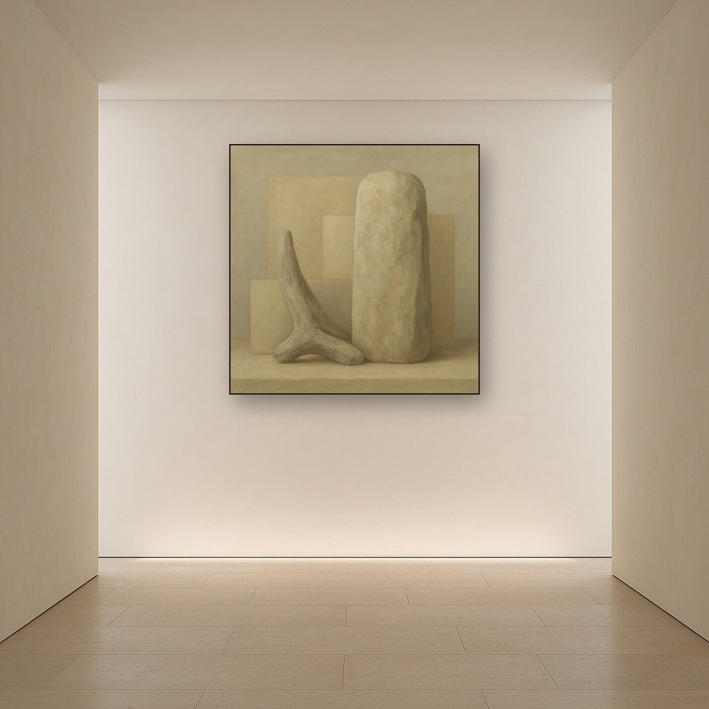 Driftwood Grey & Weathered Stone Monolith No. 9 Oil Painting Staged in Bright Entryway and Hallway Gallery Wall, Hand Painted Fine Art on Linen