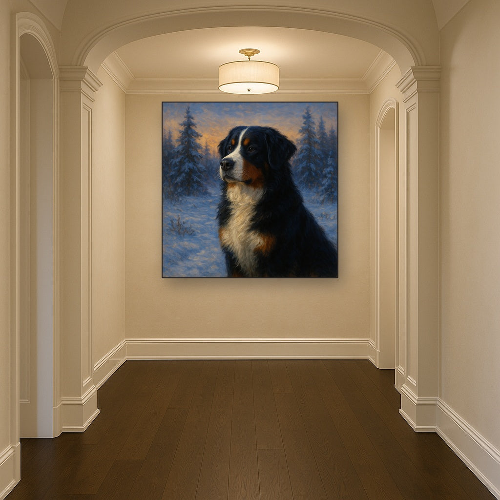 Bernese Mountain Dog in Winter Snowscape No. 17 Fine Art Oil Painting - View 5