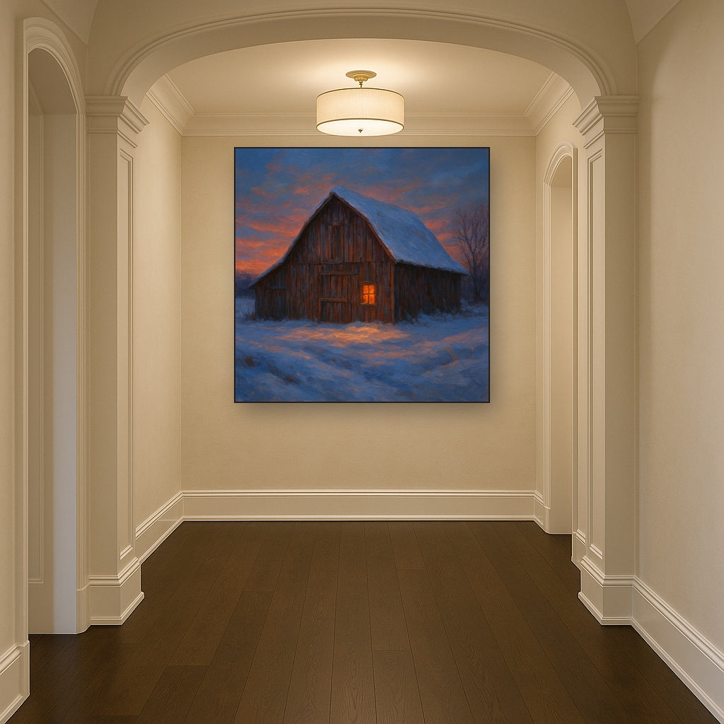 Rustic Wooden Barn in Quiet Winter Twilight Fine Art Oil Painting - View 5