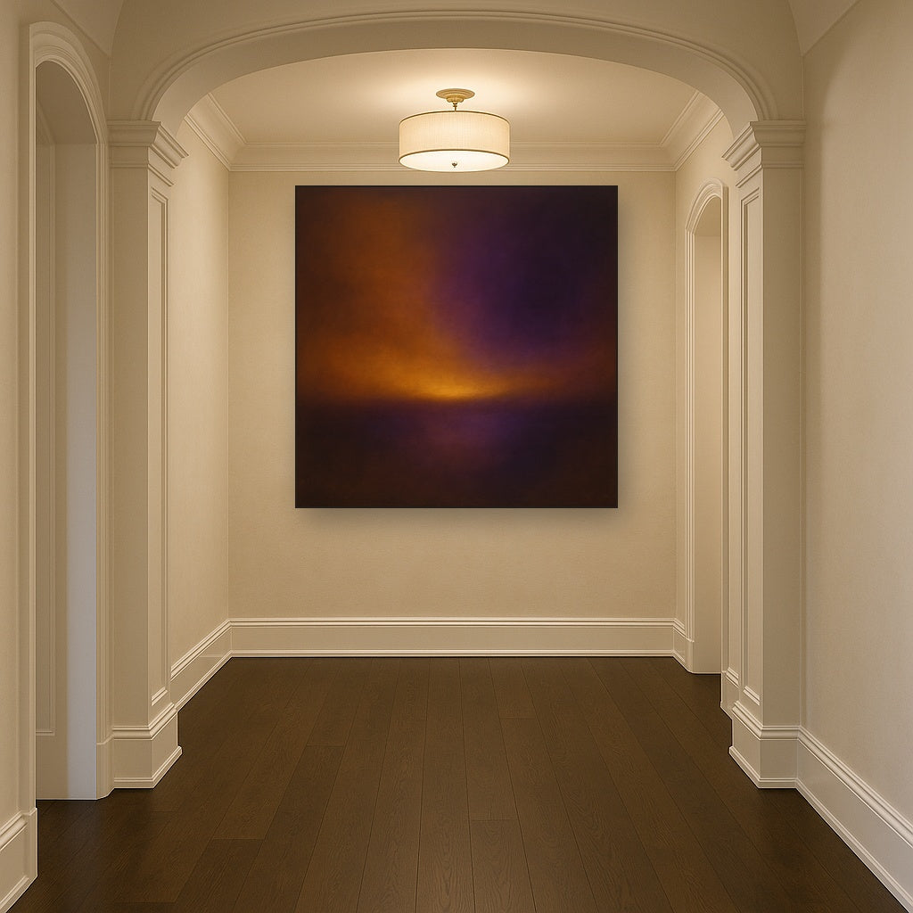 Burnt Amber & Velvet Amethyst Atmosphere No. 14 Oil Painting Staged in Bright Entryway and Hallway Gallery Wall, Hand Painted Fine Art on Linen