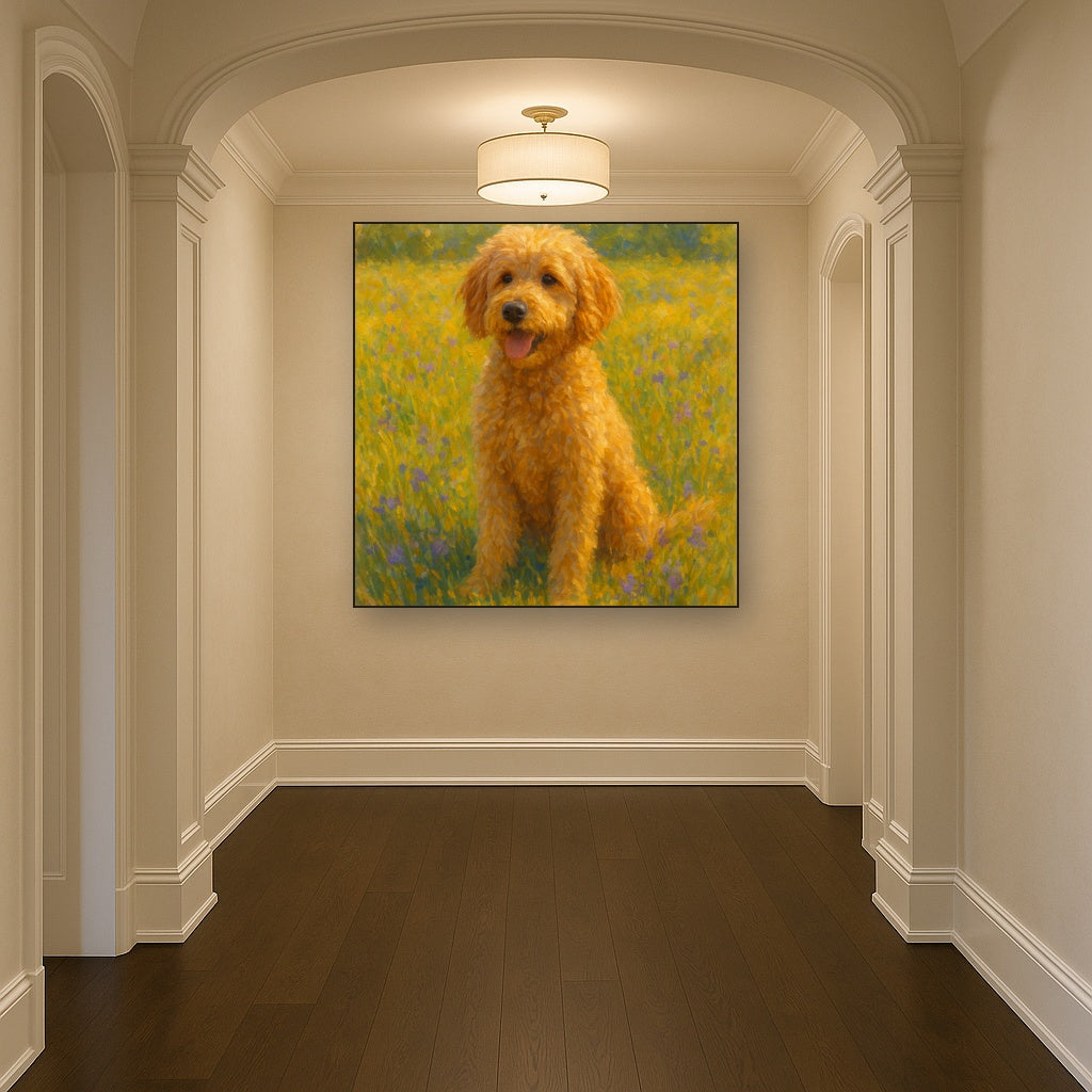Fluffy Goldendoodle in Sun-Drenched Meadow No. 7 Fine Art Oil Painting - View 5