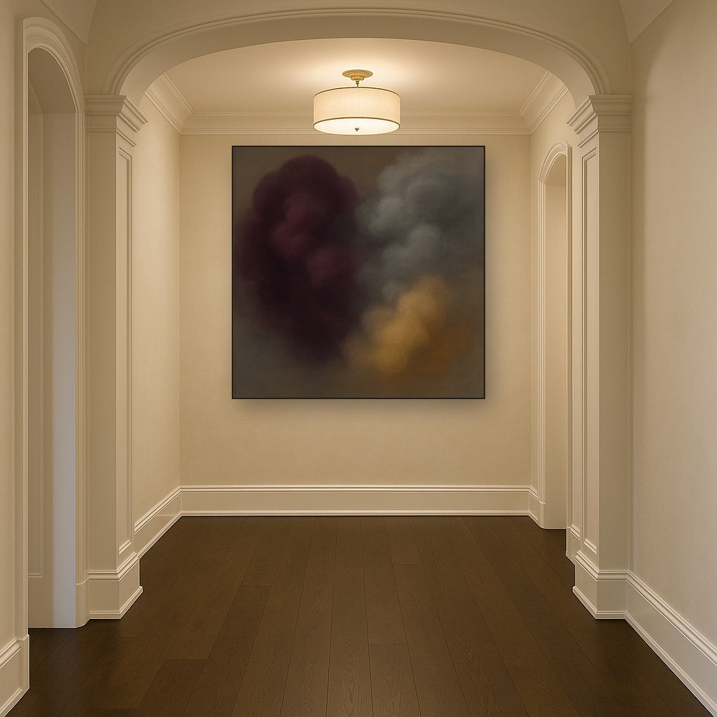 Gilded Plum & Soft Smoke Cloud Harmony No. 8 Oil Painting Staged in Bright Entryway and Hallway Gallery Wall, Hand Painted Fine Art on Linen