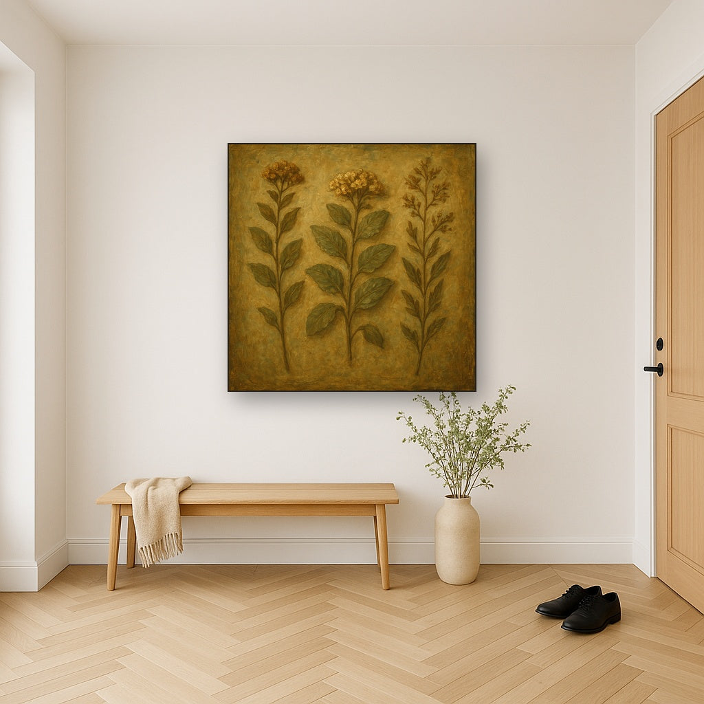 Antique Botanical Herbarium Study No. 5 Oil Painting - Styled in Entryway Hallway