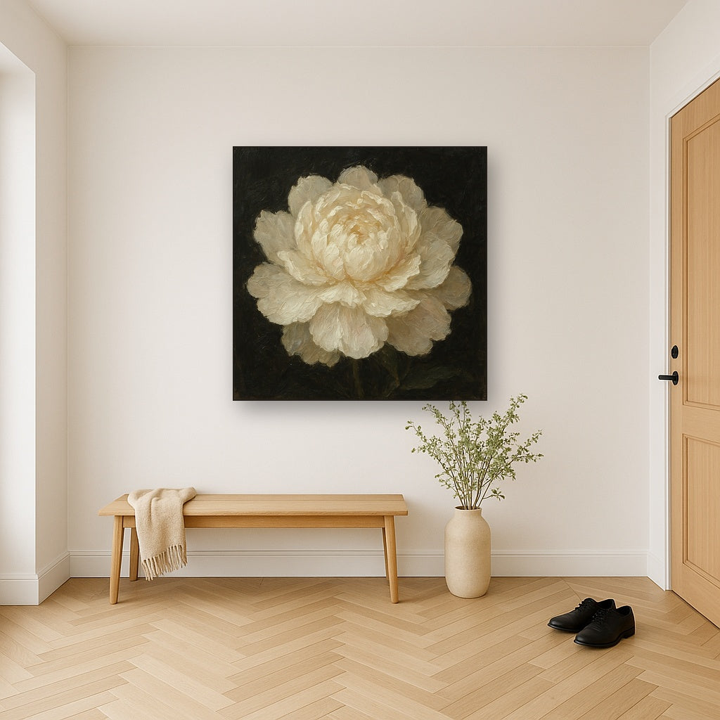 White Peony Blossom Botanical Oil Painting - Styled in Entryway Hallway