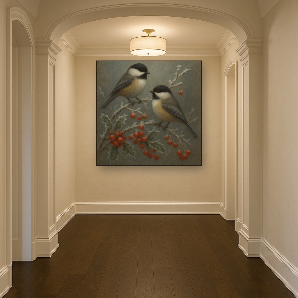 Winter Birds on Frosty Red Berry Branch No. 7 Oil Painting - View 5
