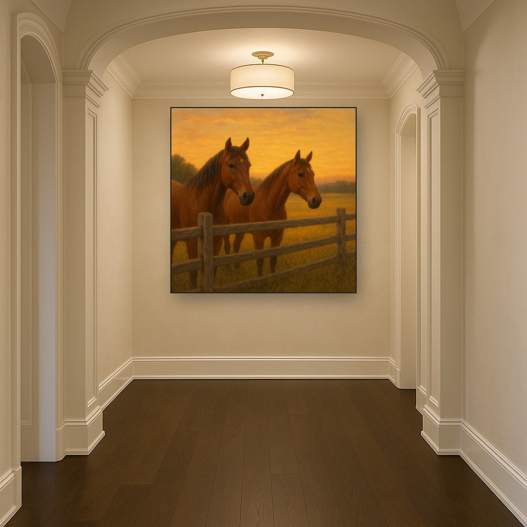 Two Horses at Rustic Post & Rail Fence No. 18 Oil Painting Staged in Bright Entryway and Hallway Gallery Wall, Hand Painted Fine Art on Linen