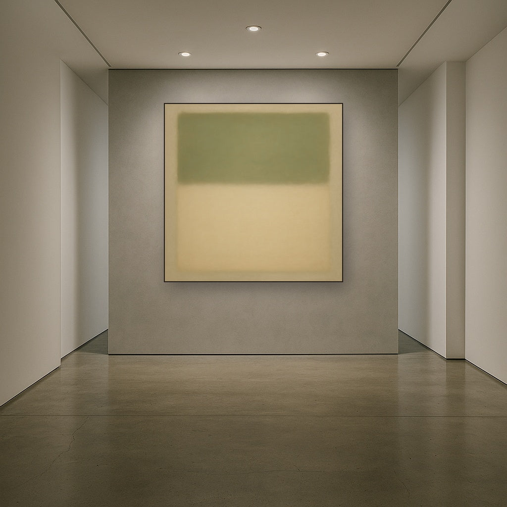Sage Olive & Pale Sandstone Minimalist Harmony No. 28 Oil Painting Staged in Bright Entryway and Hallway Gallery Wall, Hand Painted Fine Art on Linen