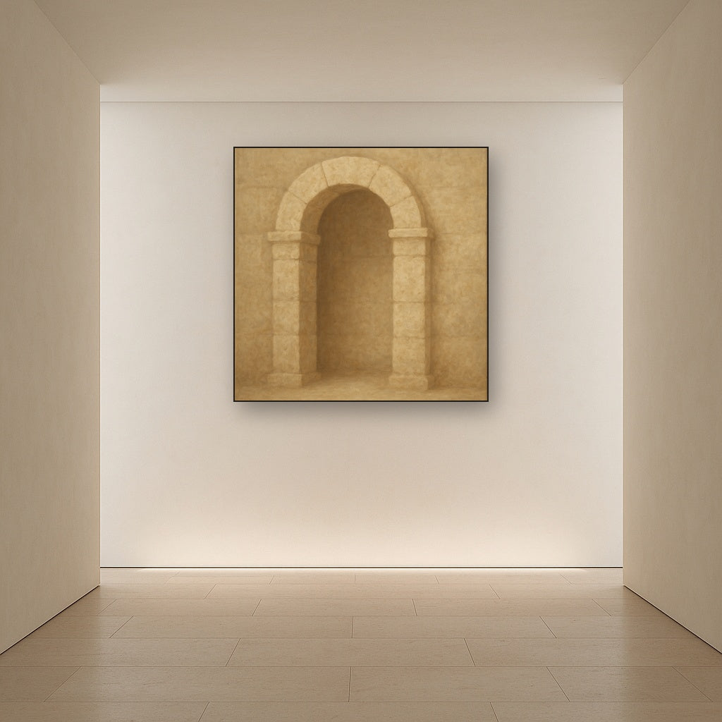 Travertine Stone Arch & Earth Tones No. 20 Oil Painting Staged in Bright Entryway and Hallway Gallery Wall, Hand Painted Fine Art on Linen