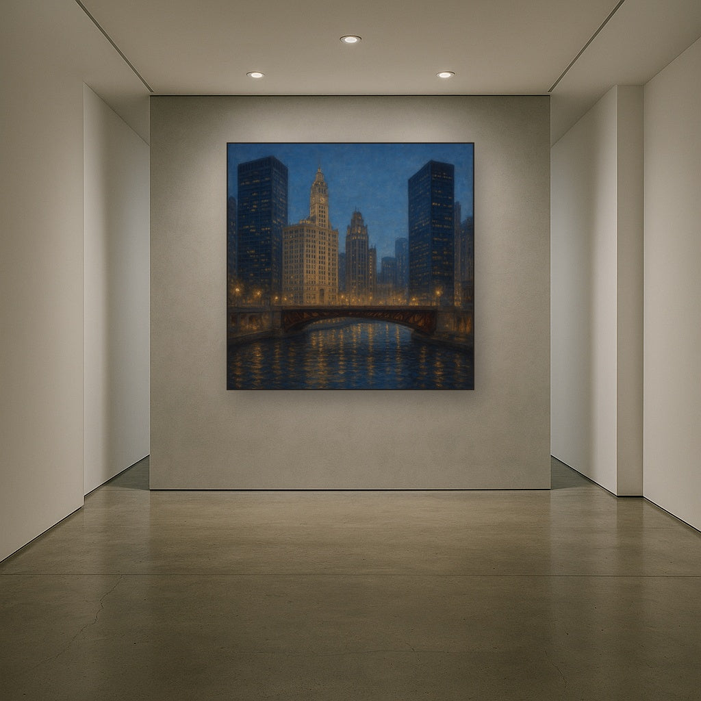 Chicago Riverfront Architecture at Blue Hour No. 19 Oil Painting - View 5