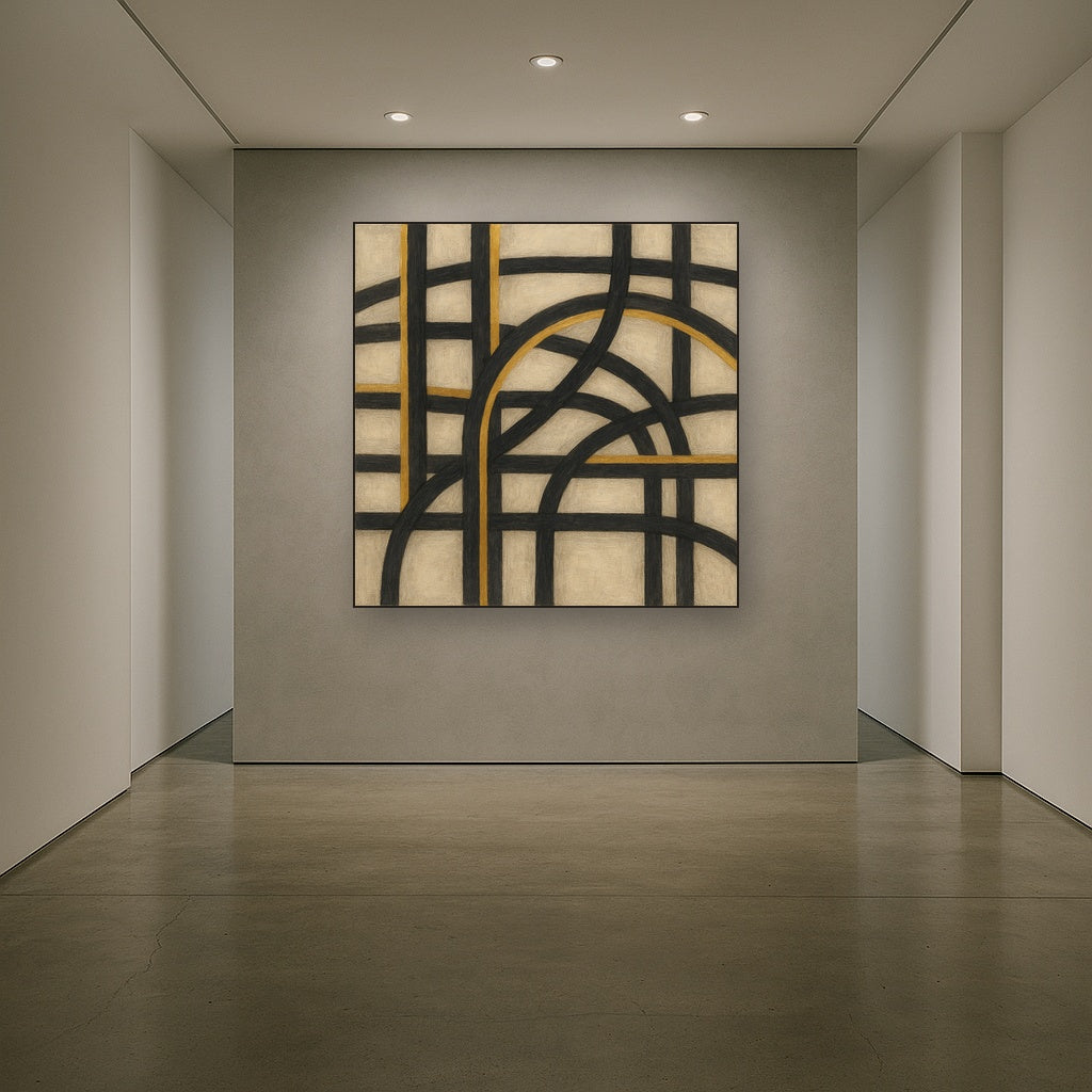 Abstract Woven Line Matrix in Charcoal & Gold No. 14 Fine Art Oil Painting - View 5