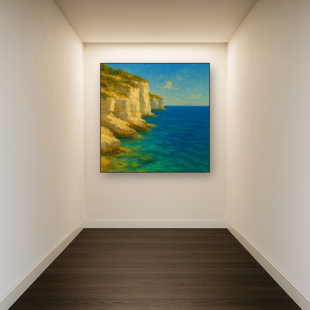 Mediterranean White Cliffs & Azure Horizon Fine Art Oil Painting - View 5