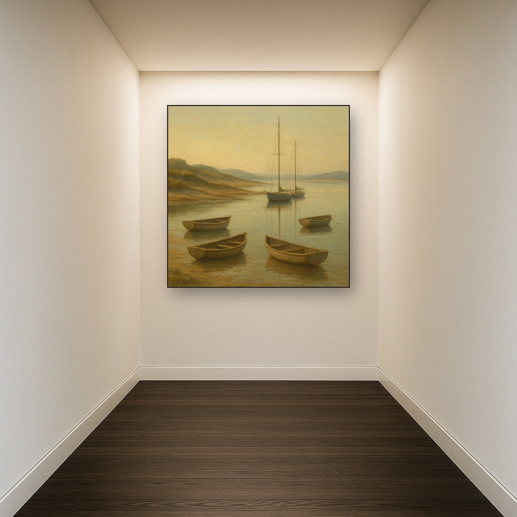 Quiet Fishing Harbor at Morning Low Tide No. 10 Oil Painting Staged in Bright Entryway and Hallway Gallery Wall, Hand Painted Fine Art on Linen