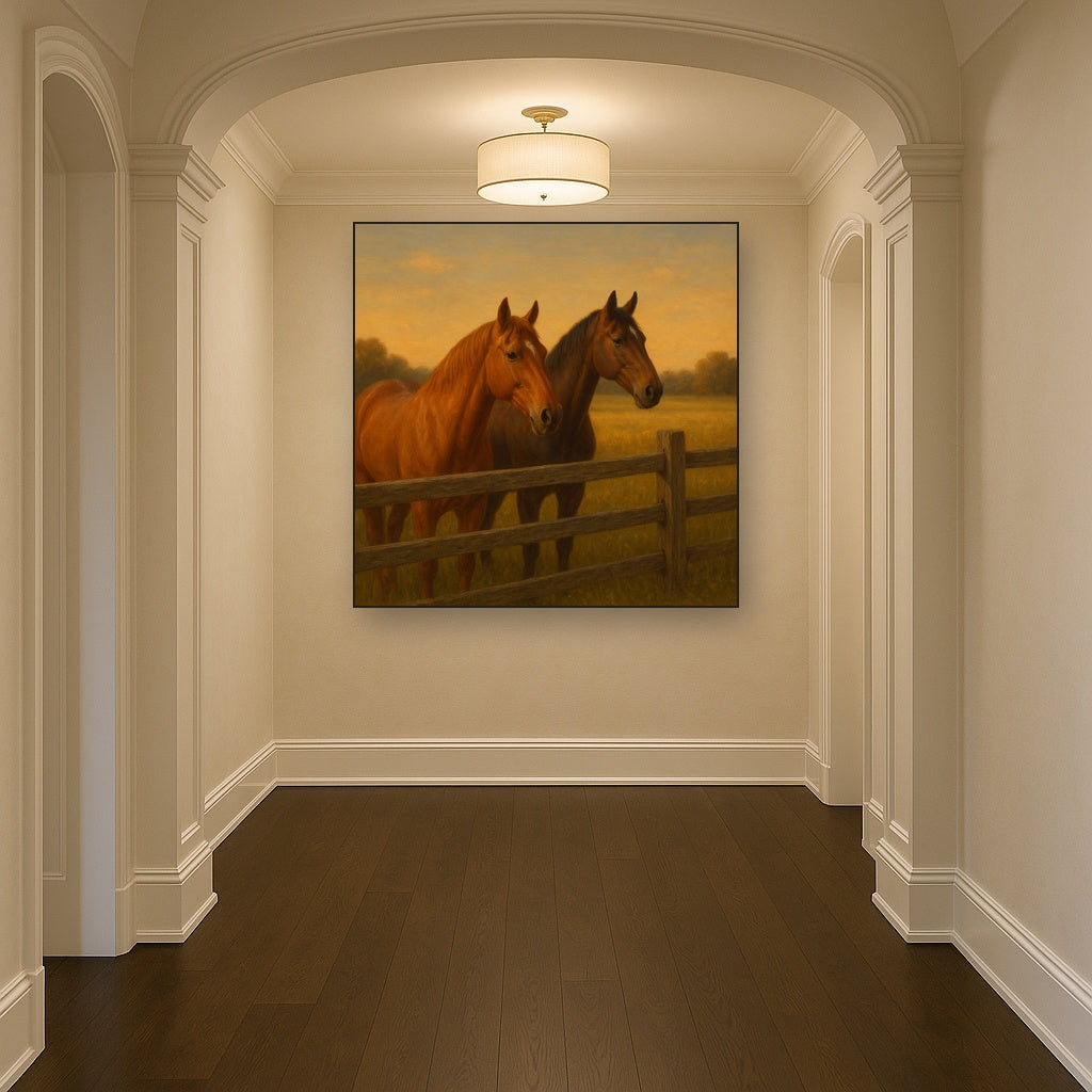 Two Horses at Rustic Post & Rail Fence No. 19 Oil Painting - View 5
