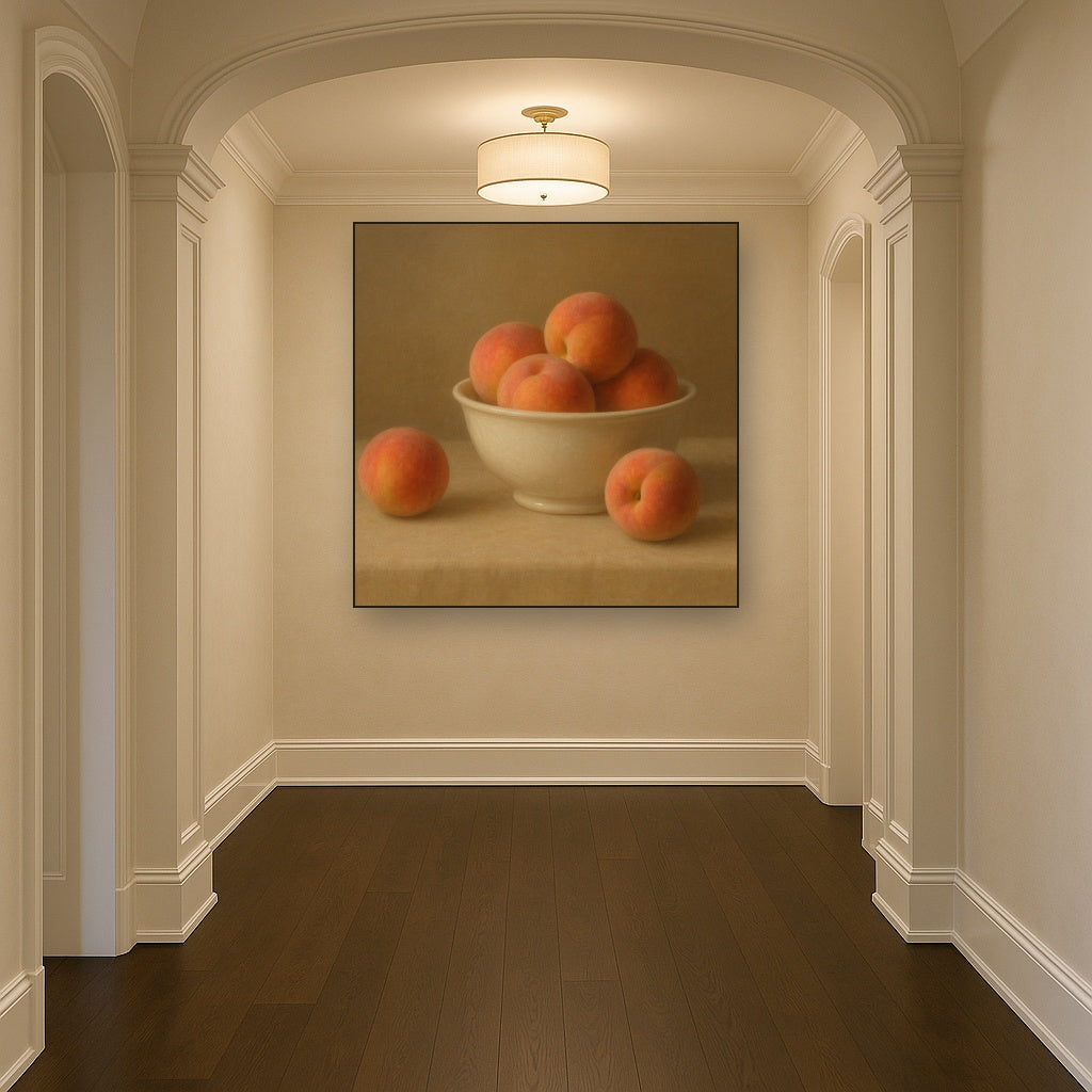 Heirloom Peaches & White Ceramic Bowl No. 2 Oil Painting Staged in Bright Entryway and Hallway Gallery Wall, Hand Painted Fine Art on Linen