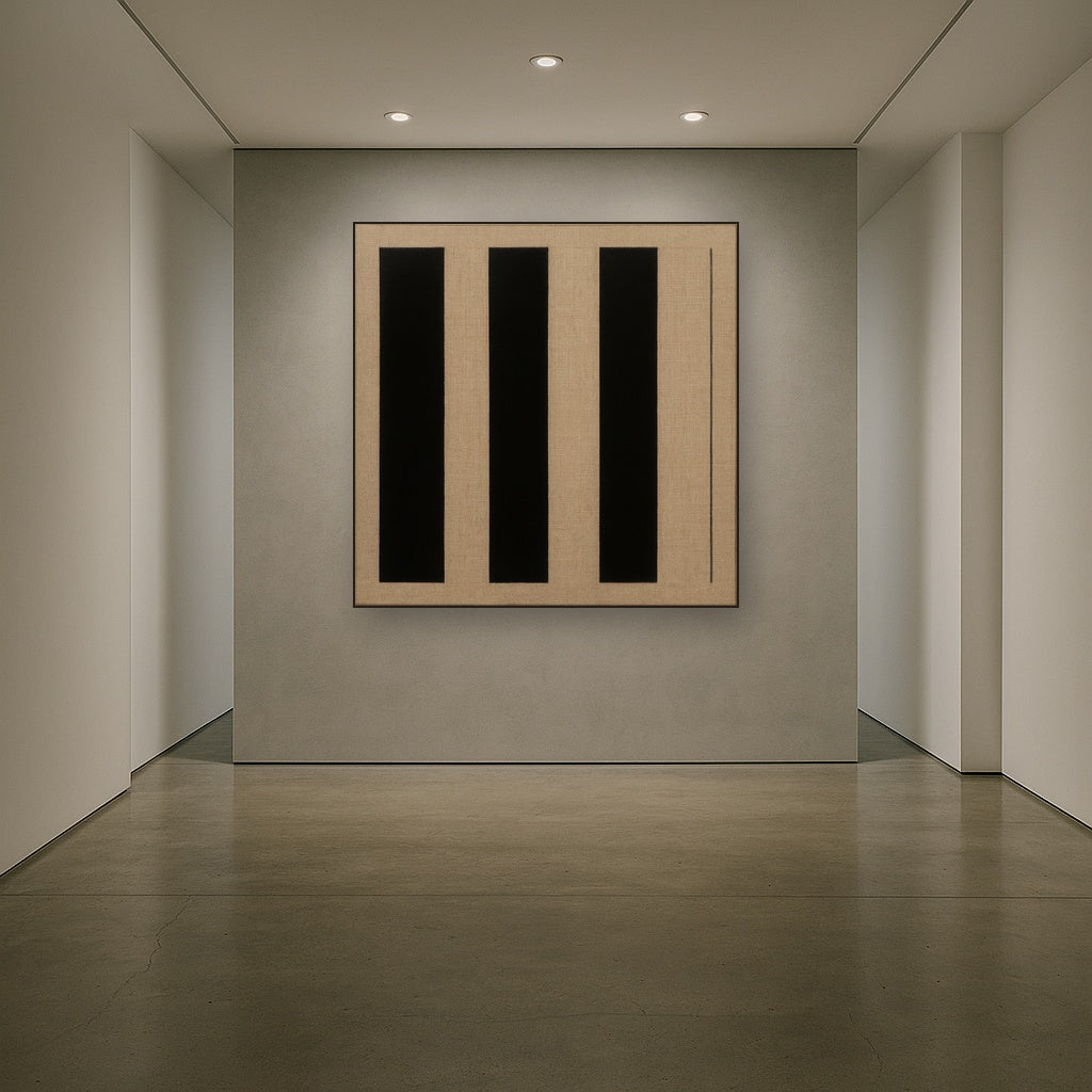 Minimalist Black Stripe & Raw Linen Rhythm No. 13 Fine Art Oil Painting - View 5