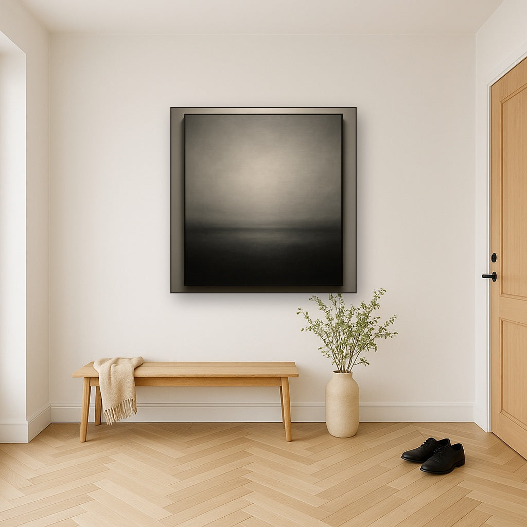 Monochrome Charcoal Drift & Soft Sfumato Horizon No. 13 Oil Painting Staged in Bright Entryway and Hallway Gallery Wall, Hand Painted Fine Art on Linen