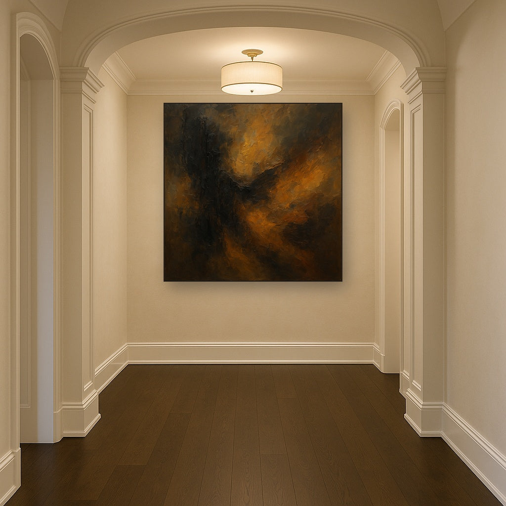 Smoky Topaz & Charred Wood Abstract Oil Painting - Styled in Entryway Hallway