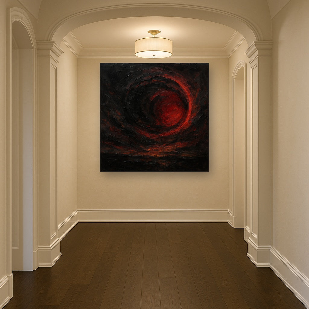 Midnight Onyx & Crimson Eclipse No. 5 Oil Painting - Styled in Entryway Hallway
