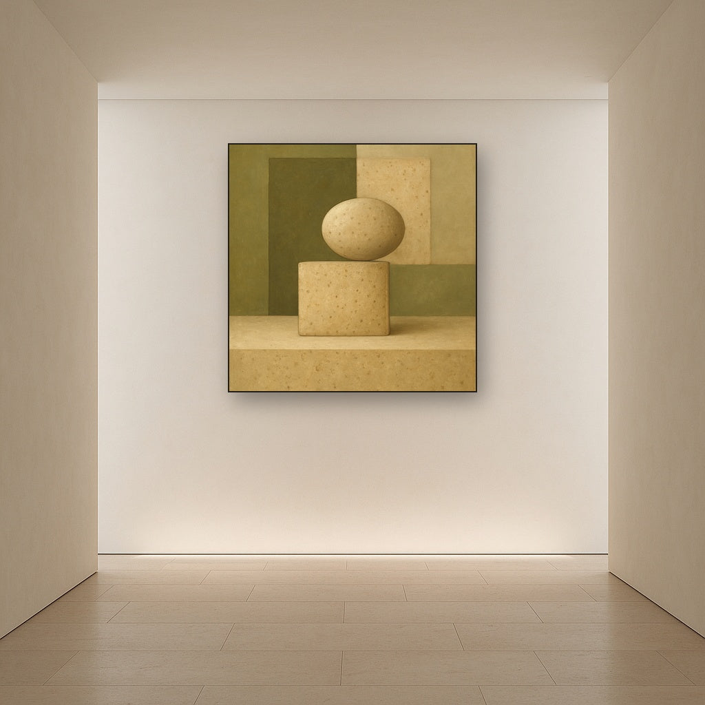 Muted Olive & Sandstone Geometric Balance No. 17 Oil Painting Staged in Bright Entryway and Hallway Gallery Wall, Hand Painted Fine Art on Linen