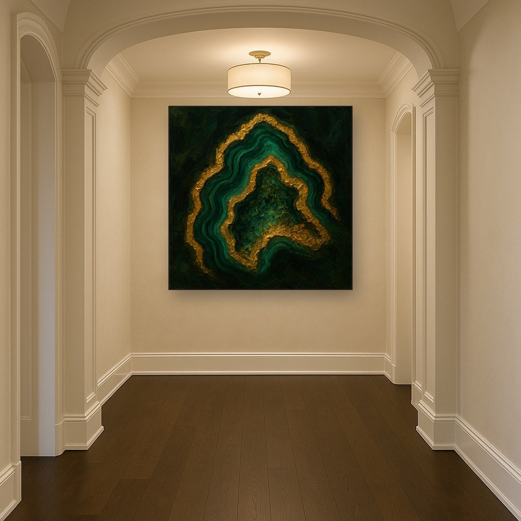 Forest Malachite & Gilded Geode No. 2 Oil Painting - Styled in Entryway Hallway