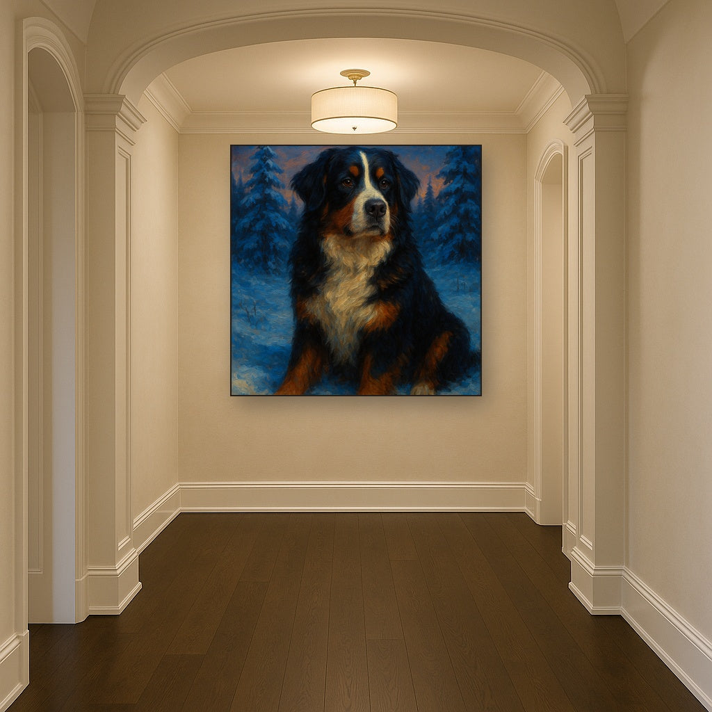 Bernese Mountain Dog in Winter Snowscape No. 9 Fine Art Oil Painting - View 5